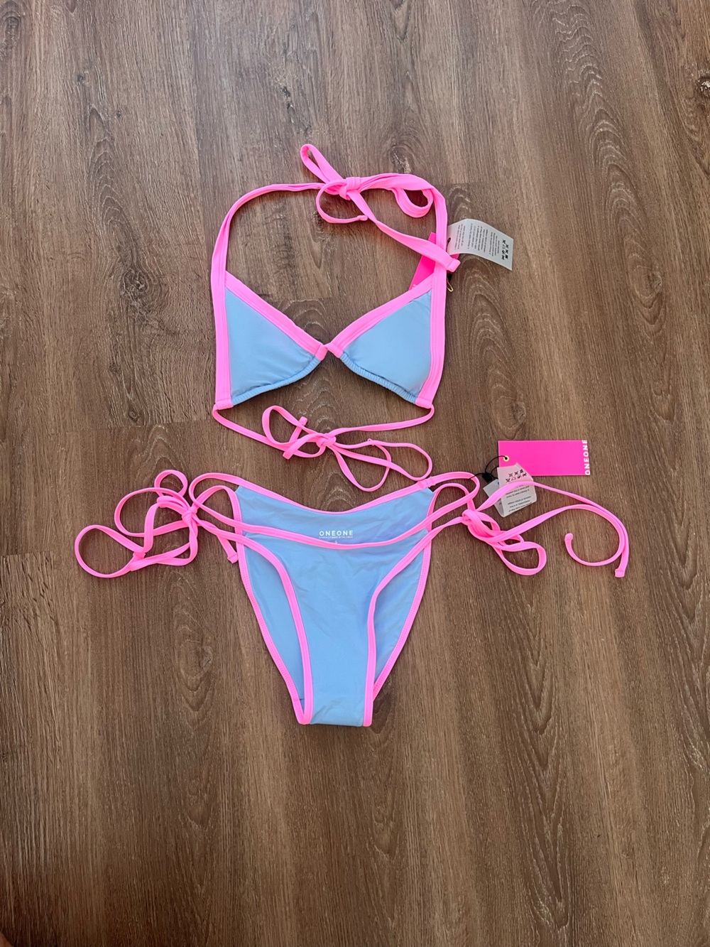 ONEONE Light Blue Bikini with Hot Pink Trim – Tie-Side Triangle Set